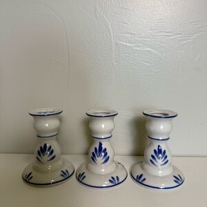 Set of 3 Vintage White Blue Candlestick 3" Ceramic Delft‎ Made in Japan